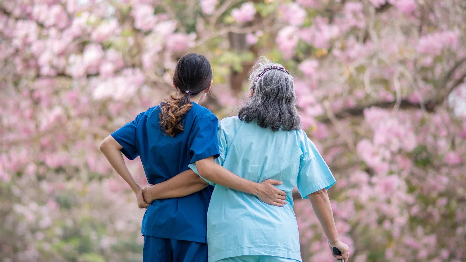 A nurse walking arm in arm with an older woman beneath blossoming trees.