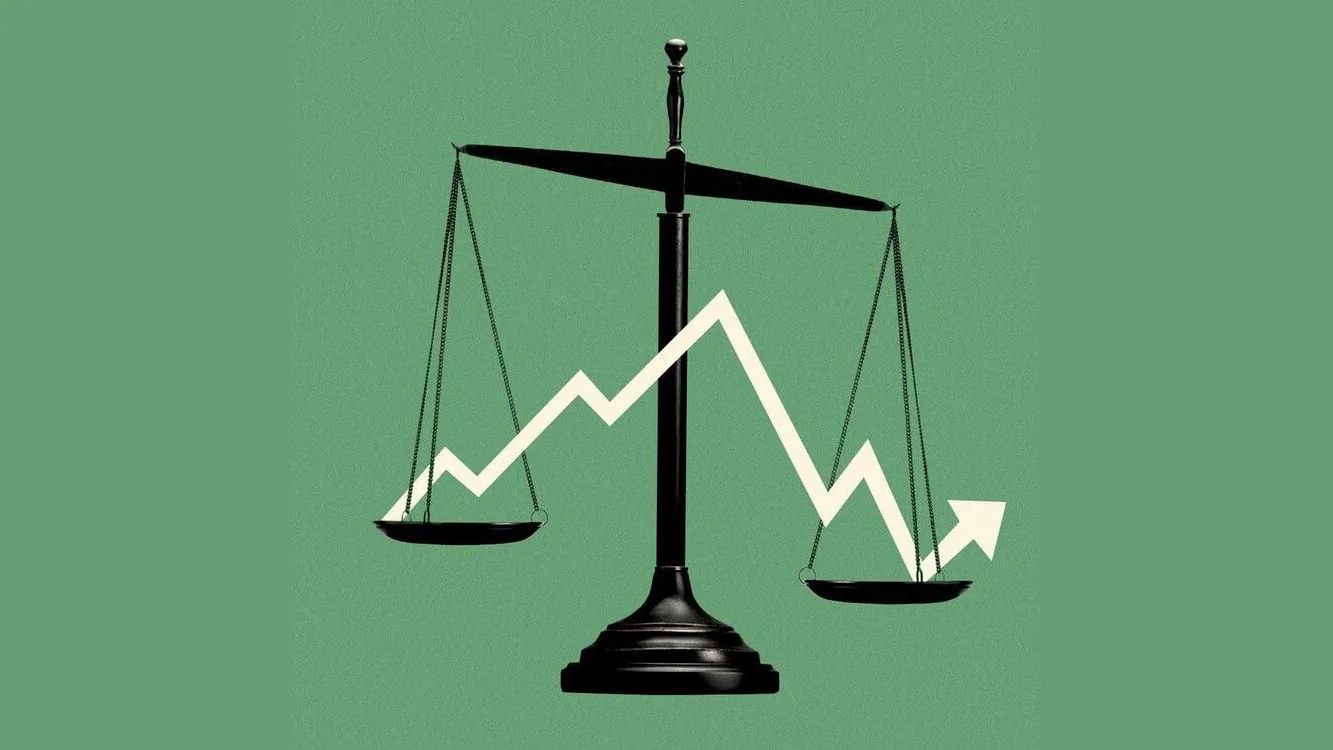 An illustration of a tilted balance scale with a jagged arrow crossing it.