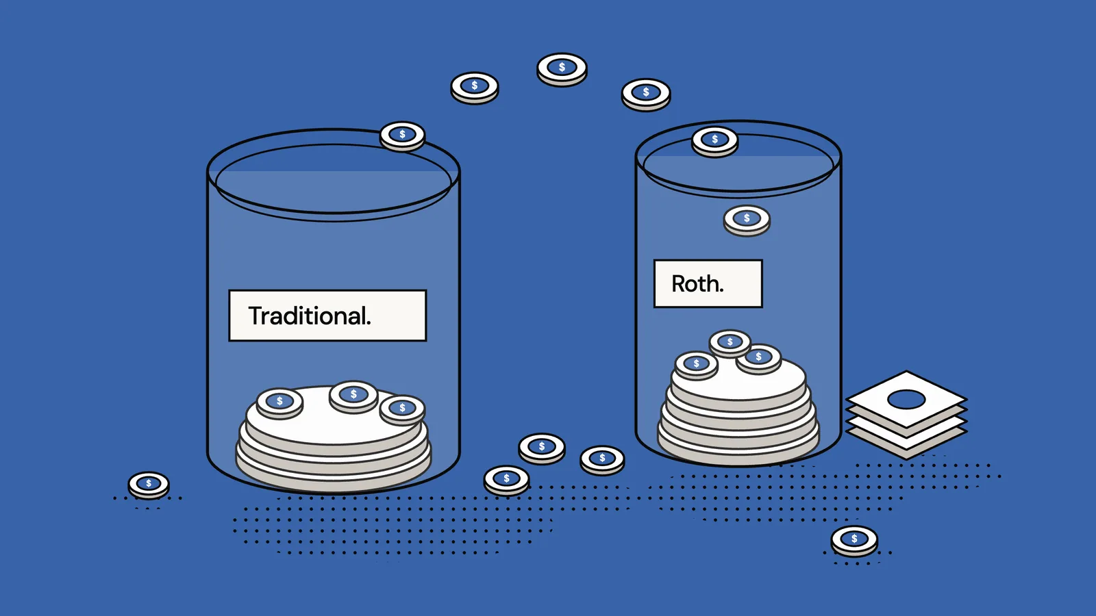 An illustration of two jars labeled Traditional and Roth, the Roth jar holding the taller stack of coins.